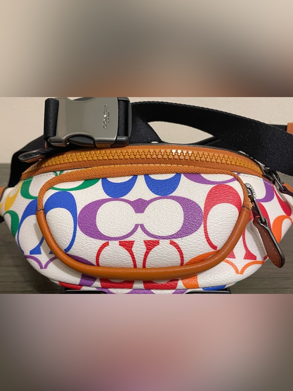 Coach Multicolor Signature Canvas Small Belt Bag with Tan Trim